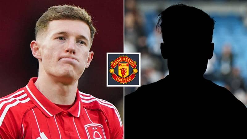 Split image of Nottingham Forest midfielder Elliot Anderson and a shadow with the Manchester United badge in between – copyright TEAMtalk