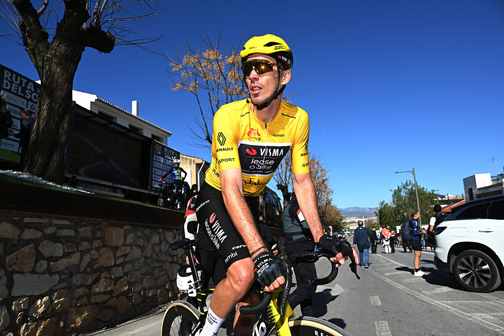 OTURA, SPAIN - FEBRUARY 19: Christophe Laporte of France and Team Visma | Lease a Bike - Yellow Leader Jersey reacts after the 72nd Vuelta a Andalucia Ruta Ciclista Del Sol 2026, Stage 2 a 138.6km stage from Torrox to Otura 797m on February 19, 2026 in Otura, Spain. (Photo by Szymon Gruchalski/Getty Images)