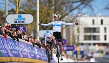 NIVONE, BELGIUM - FEBRUARY 28: Demi Vollering of Netherlands and Team FDJ United - SUEZ celebrates at finish line as race winner during the 21st Omloop Het Nieuwsblad 2026, Women's Elite a 137.2km one day race from Ghent to Ninove / #UCIWWT / on February 28, 2026 in Ninove, Belgium. (Photo by Tim de Waele/Getty Images)