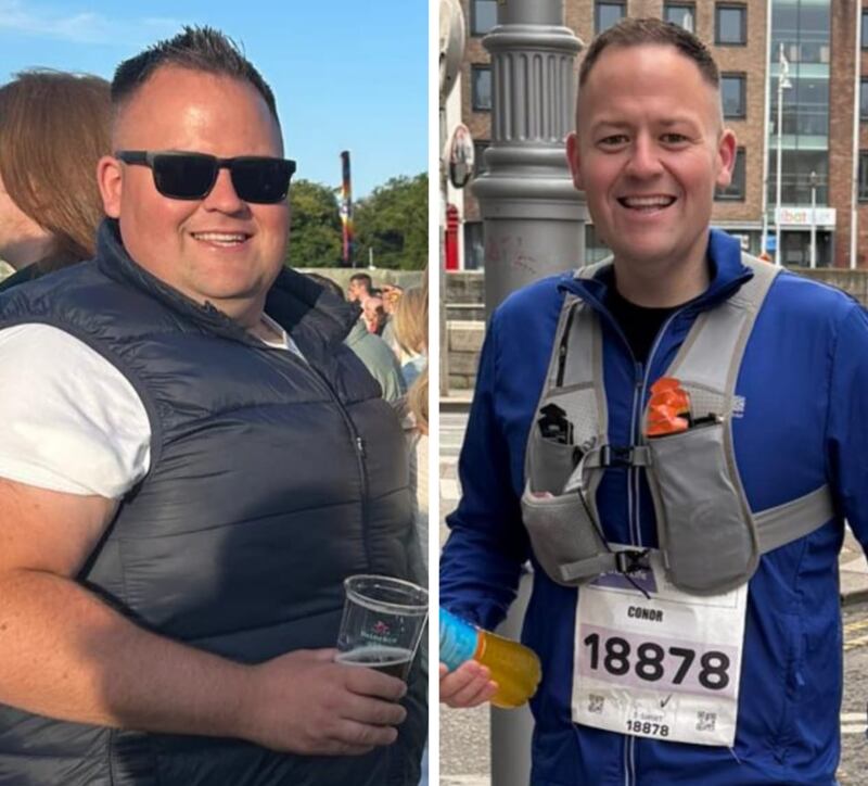 Before and after shots of Garda Conor Finan, who embarked on a fitness journey to join the force, running the Dublin Marathon last year