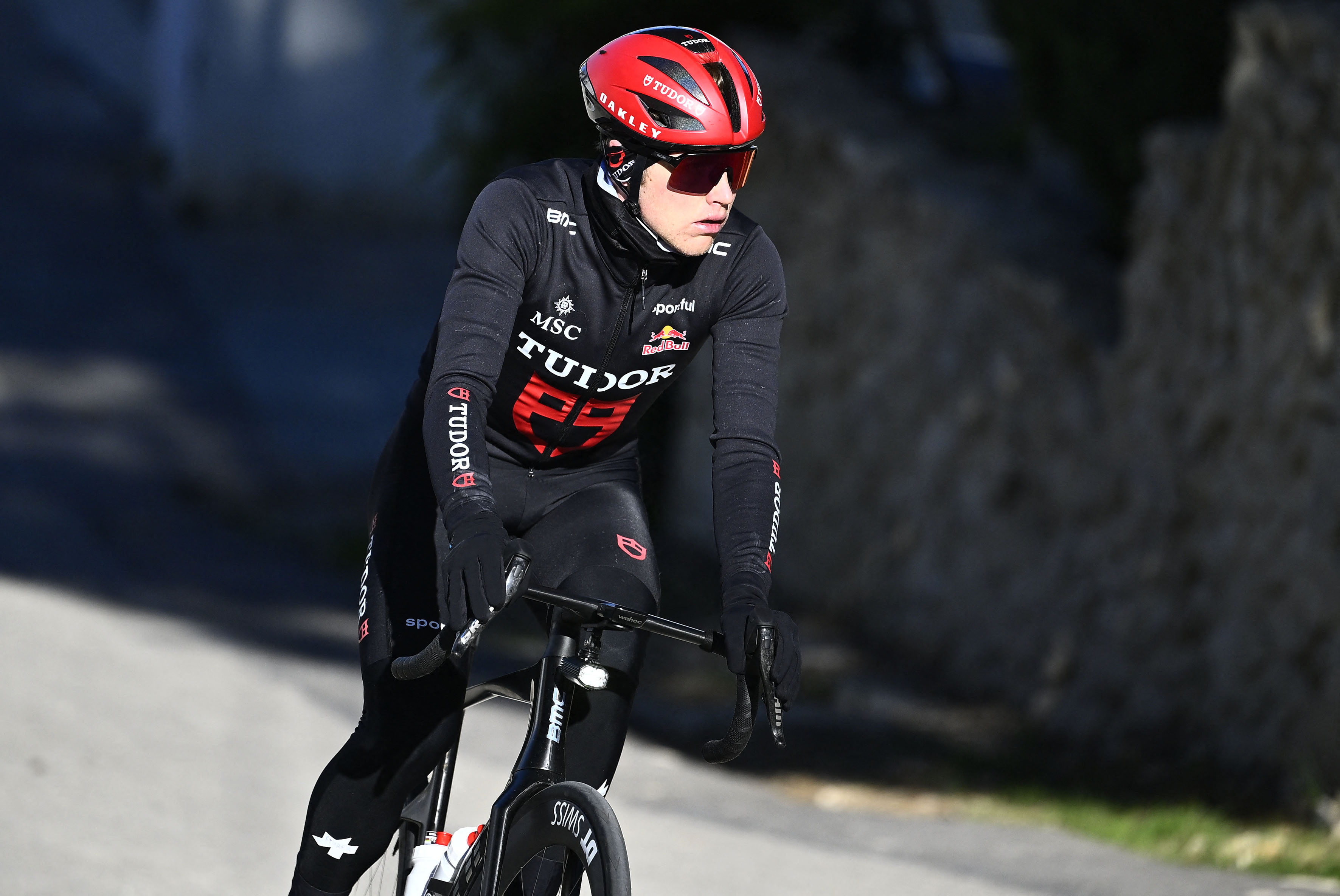 Tudor Pro Cycling Team's Australian cyclist Michael Storer rides before the presentation of the team in Moraira, near Alicante, on January 7, 2026. (Photo by Jose Jordan / AFP via Getty Images)