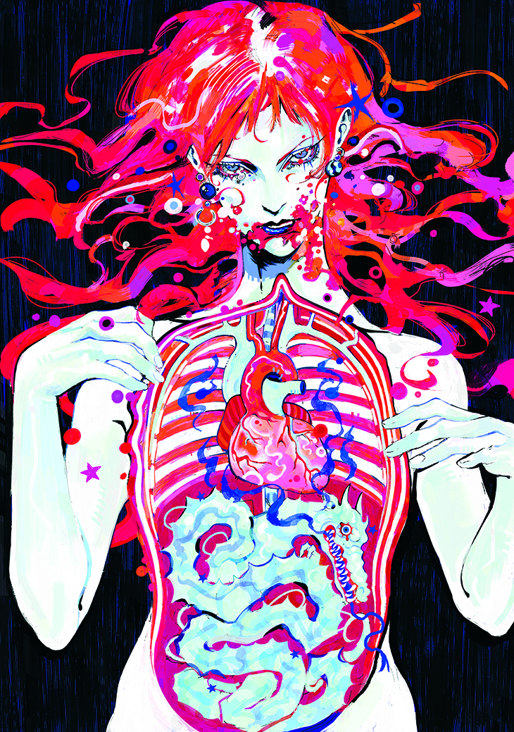 Digital art showing a character drawing in chaotic vibrant red and high contrast colours