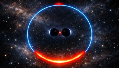 An illustration of two black circles in the center of the screen separated by a red dot. There's a glowing blue circle around both black circles and a red semi-circle at the bottom.