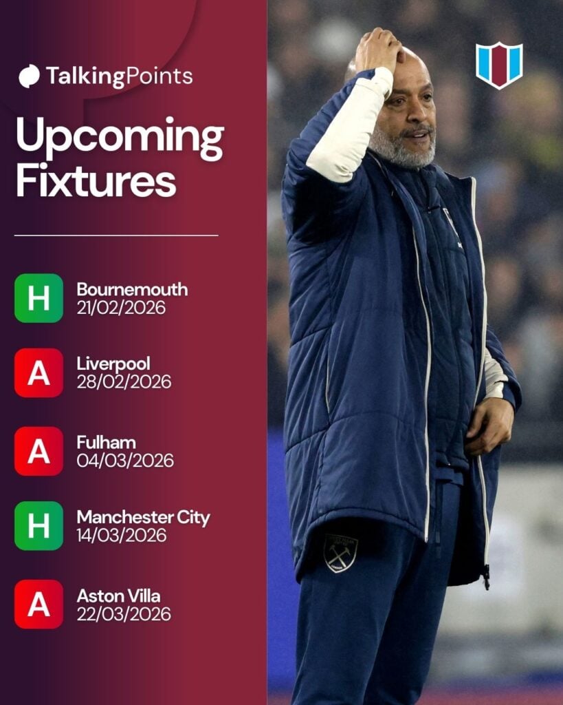West Ham United's Portuguese head coach Nuno Espírito Santo reacts during the English Premier League football match between West Ham United and Manchester United at the London Stadium in east London on February 10, 2026.