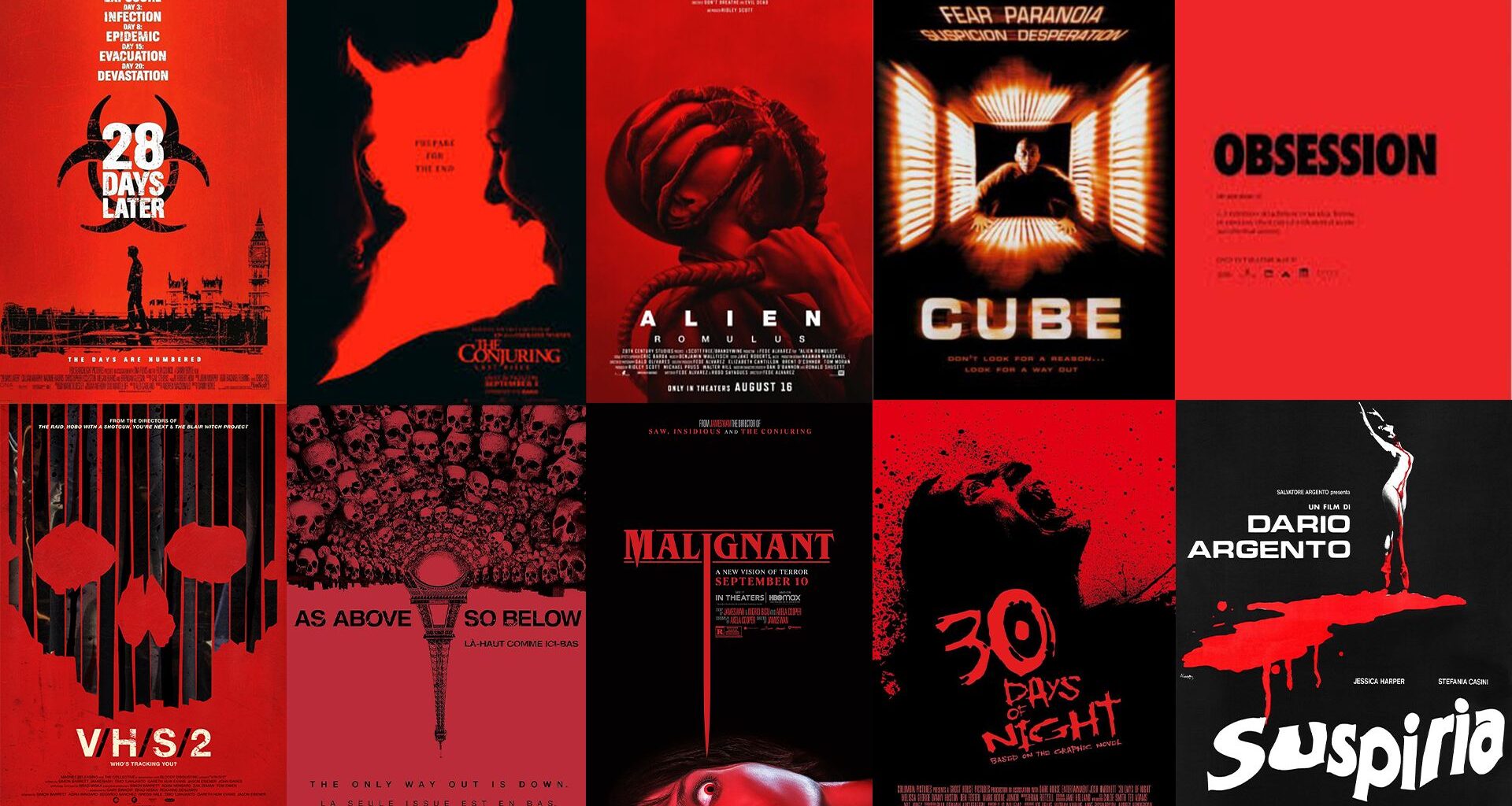 Horror movie posters featuring black and red imagery