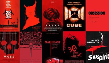 Horror movie posters featuring black and red imagery