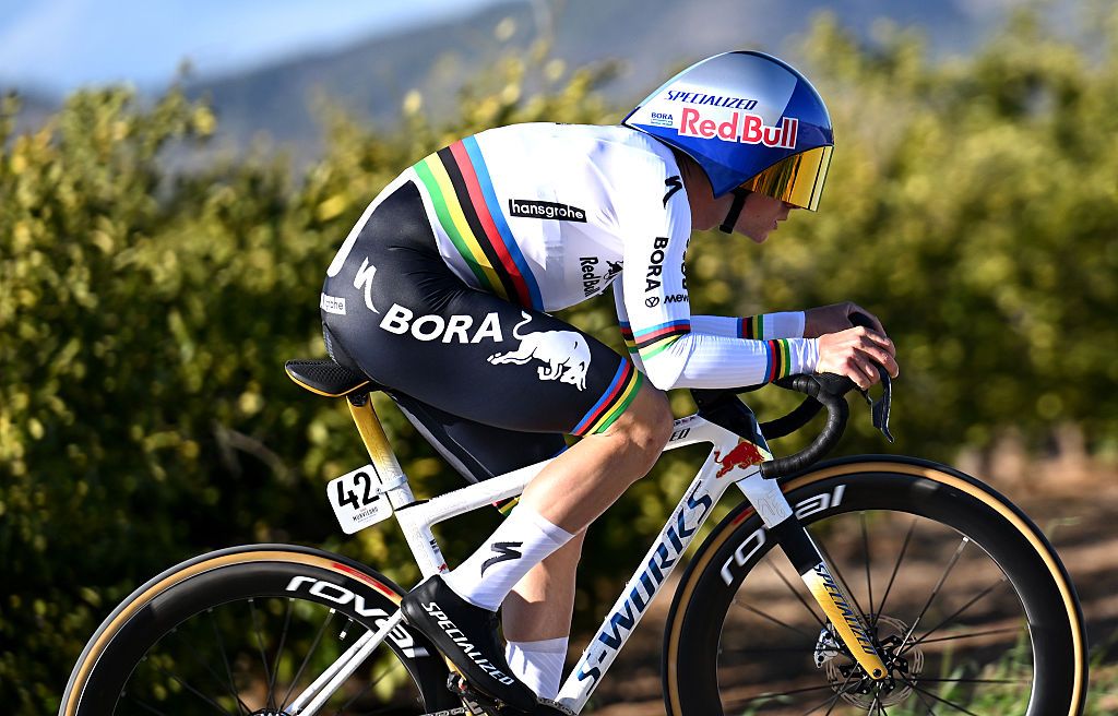 ALGINET, SPAIN - FEBRUARY 05: Remco Evenepoel of Belgium and Team Red Bull - BORA - hansgrohe competes during the 77th Volta Comunitat Valenciana 2026, Stage 2 a 17km individual time trial stage from Carlet to Alginet on February 05, 2026 in Alginet, Spain. (Photo by Szymon Gruchalski/Getty Images)
