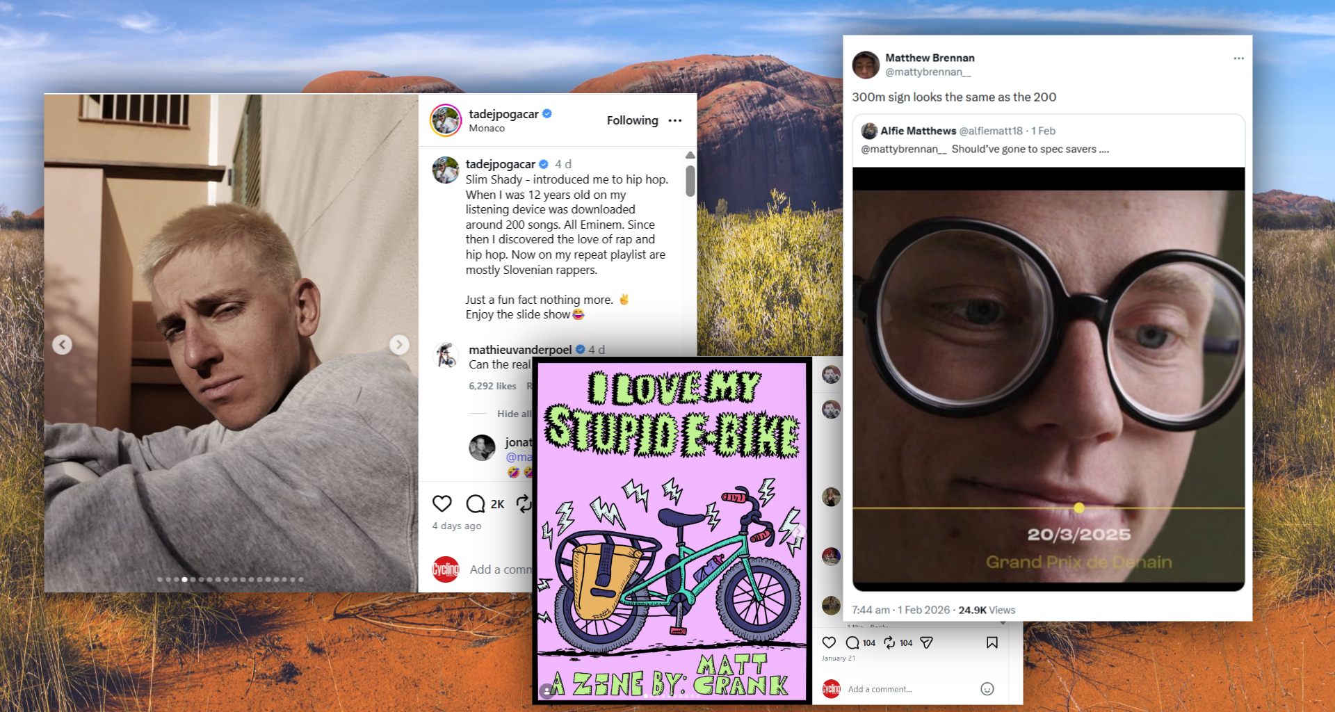 Screenshots of instagram posts over a photo of the Australian outback
