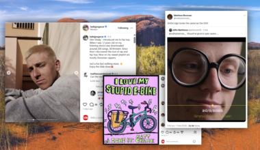 Screenshots of instagram posts over a photo of the Australian outback