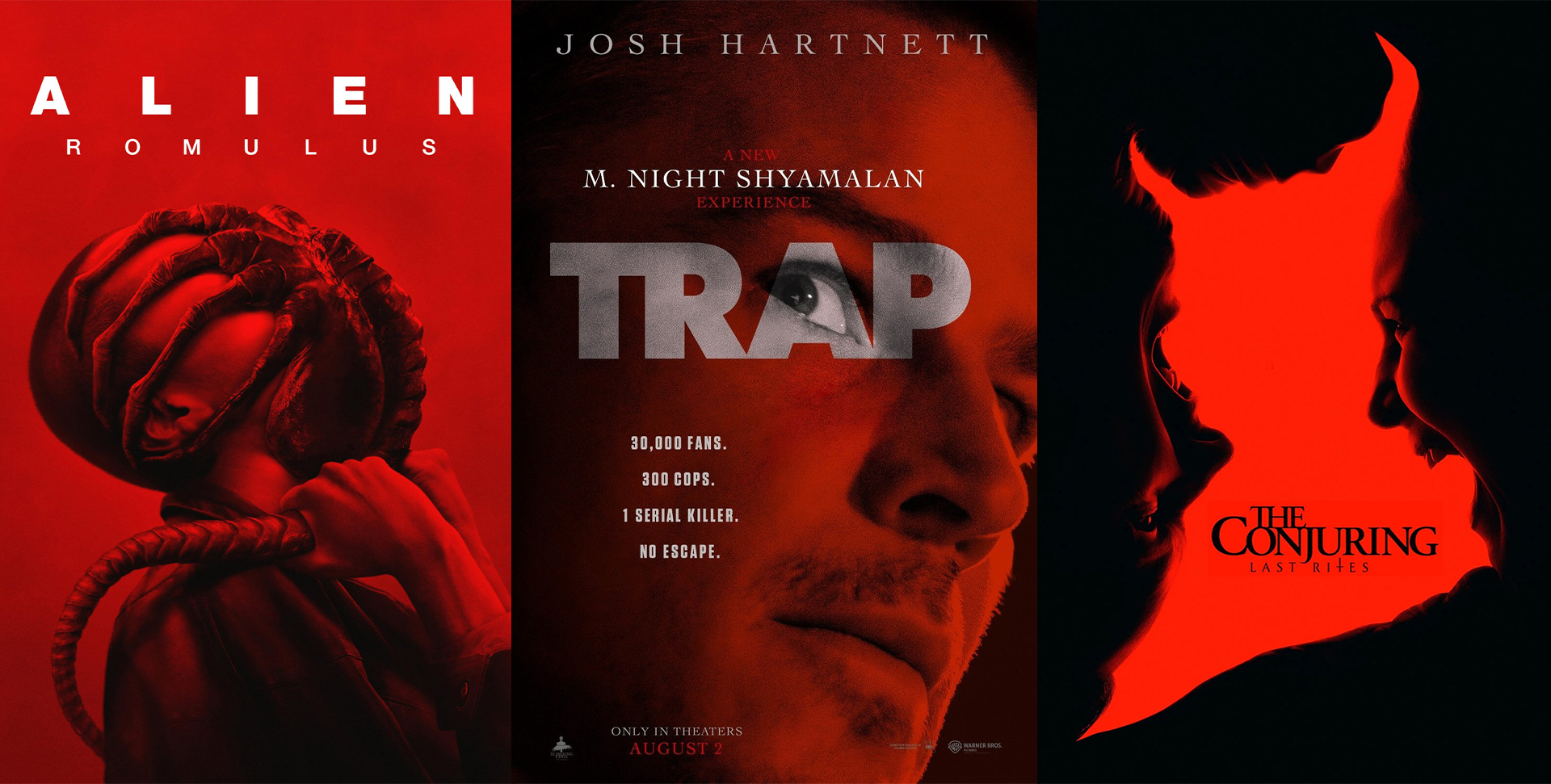 Horror movie posters for Alien Romulus, Trap and The Conjuring: Last Rites