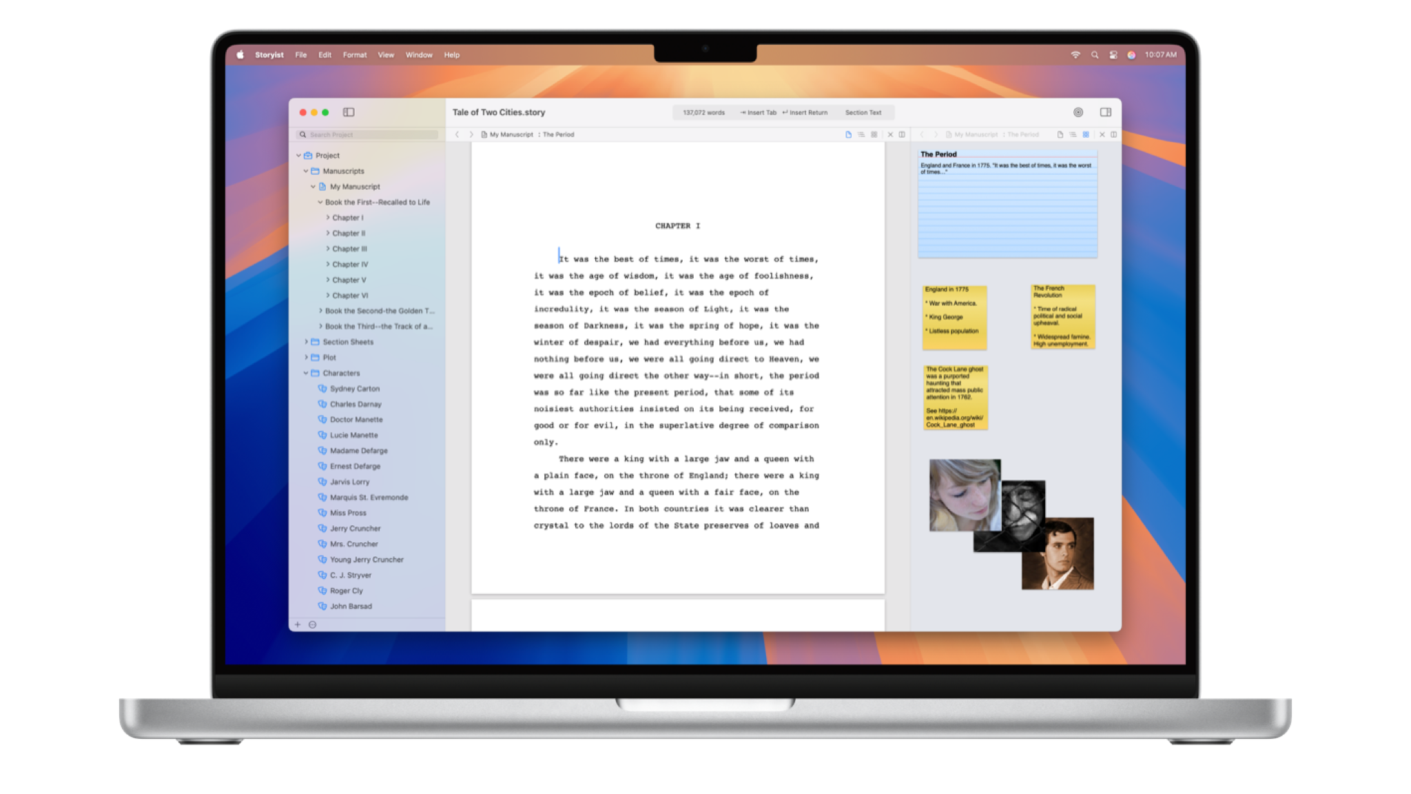 Storyist app running on a Mac laptop