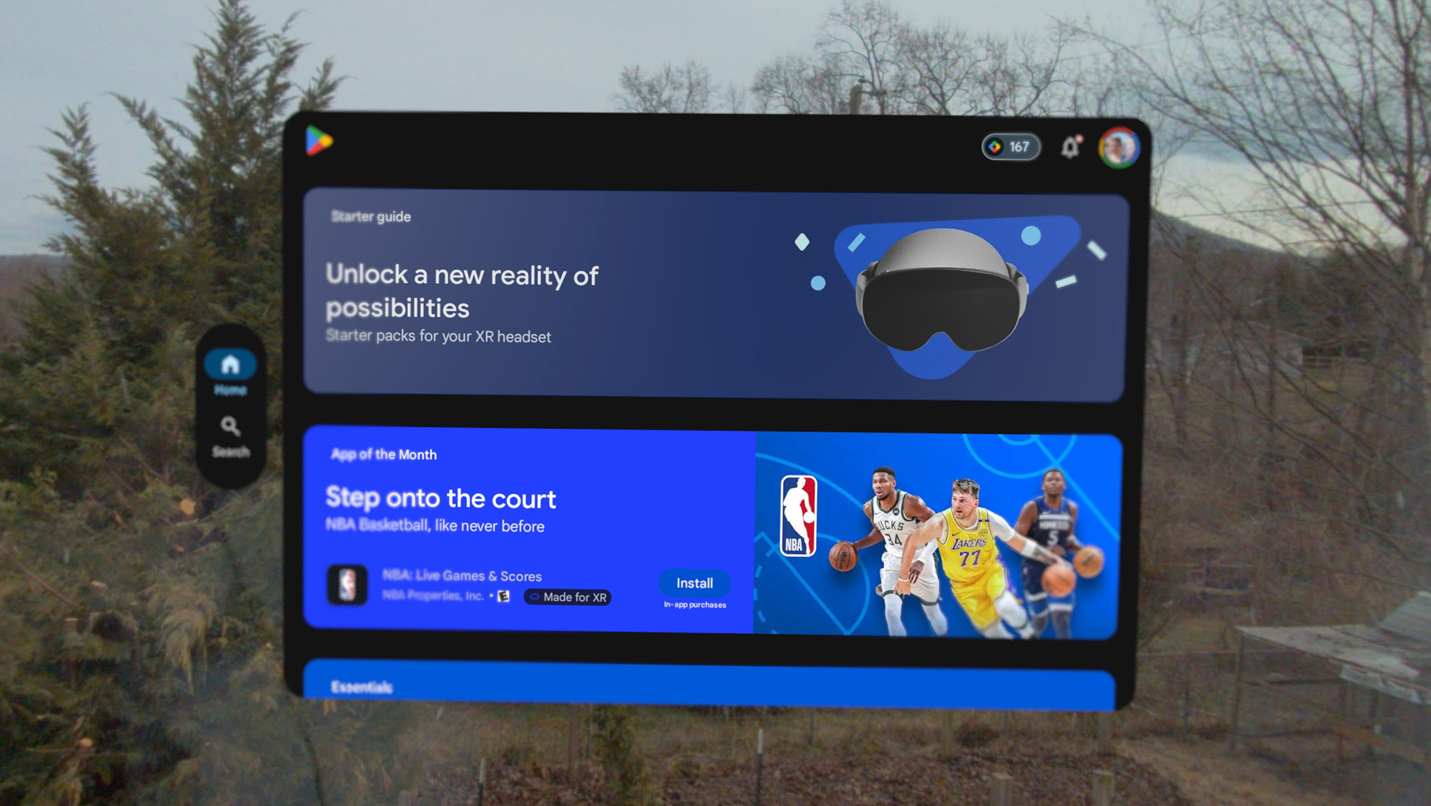 The icon-filled home screen of Android XR as seen on a Samsung Galaxy XR