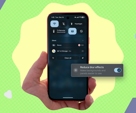 A hand holding a Google Pixel smartphone showing the Quick Settings menu, with a floating 'Reduce blur effects' toggle switch overlay set to on.