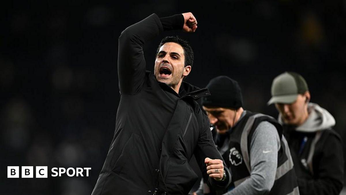 Jubilant Arsenal manager Mikel Arteta celebrates in front of their supporters after the north London derby win at Tottenham Hotspur.