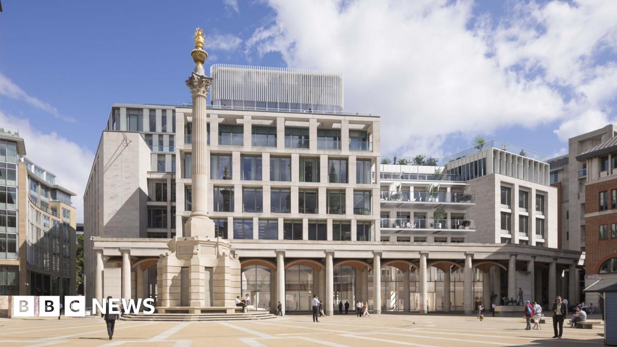 Computer-generated image of Paternoster Square showing King Edward Court with a new rooftop extension behind the Temple Bar Memorial, near St Paul’s Cathedral in the City of London.
