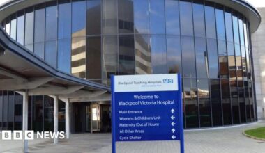 Front entrance of Blackpool Victoria Hospital showing the sign which reads: 'Welcome to Blackpool Victoria Hospital'.