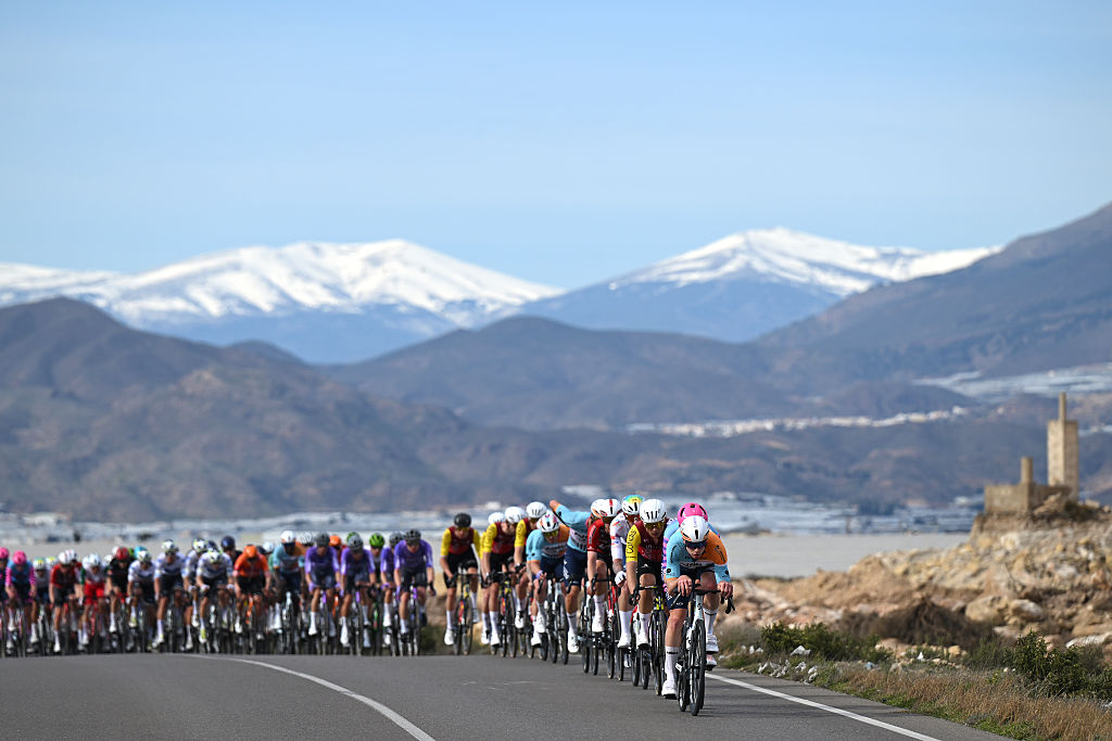 ROQUETAS DE MAR, SPAIN - FEBRUARY 15: A general view of the peloton competing during the 39th Clasica de Almeria 2026 a 189.7km one day race from Puebla de Vicar to Roquetas de Mar on February 15, 2026 in Roquetas de Mar, Spain. (Photo by Dario Belingheri/Getty Images)