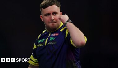 Luke Littler celebrates at the World Darts Championship