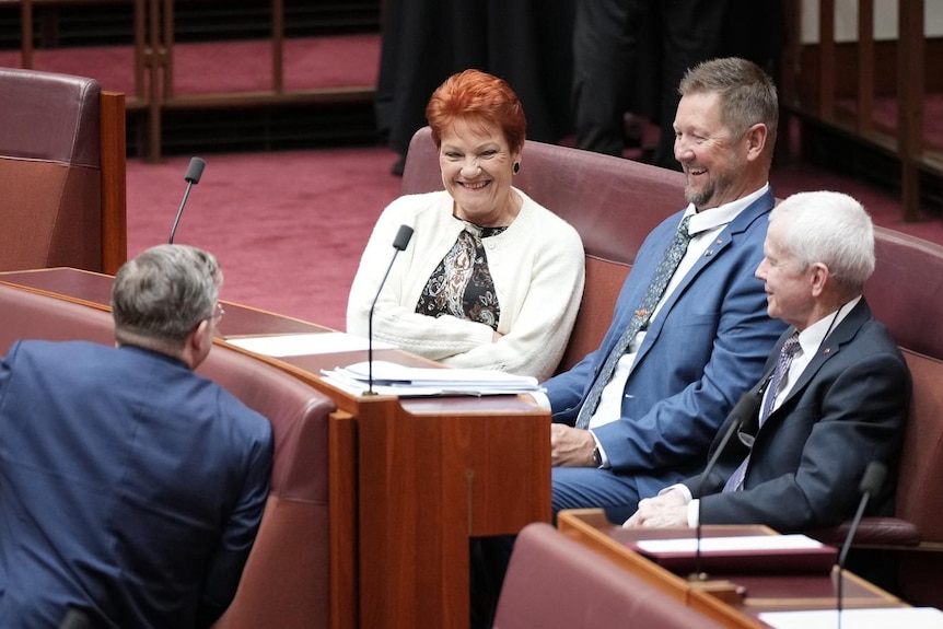 Pauline Hanson sits on the floor of the senate.