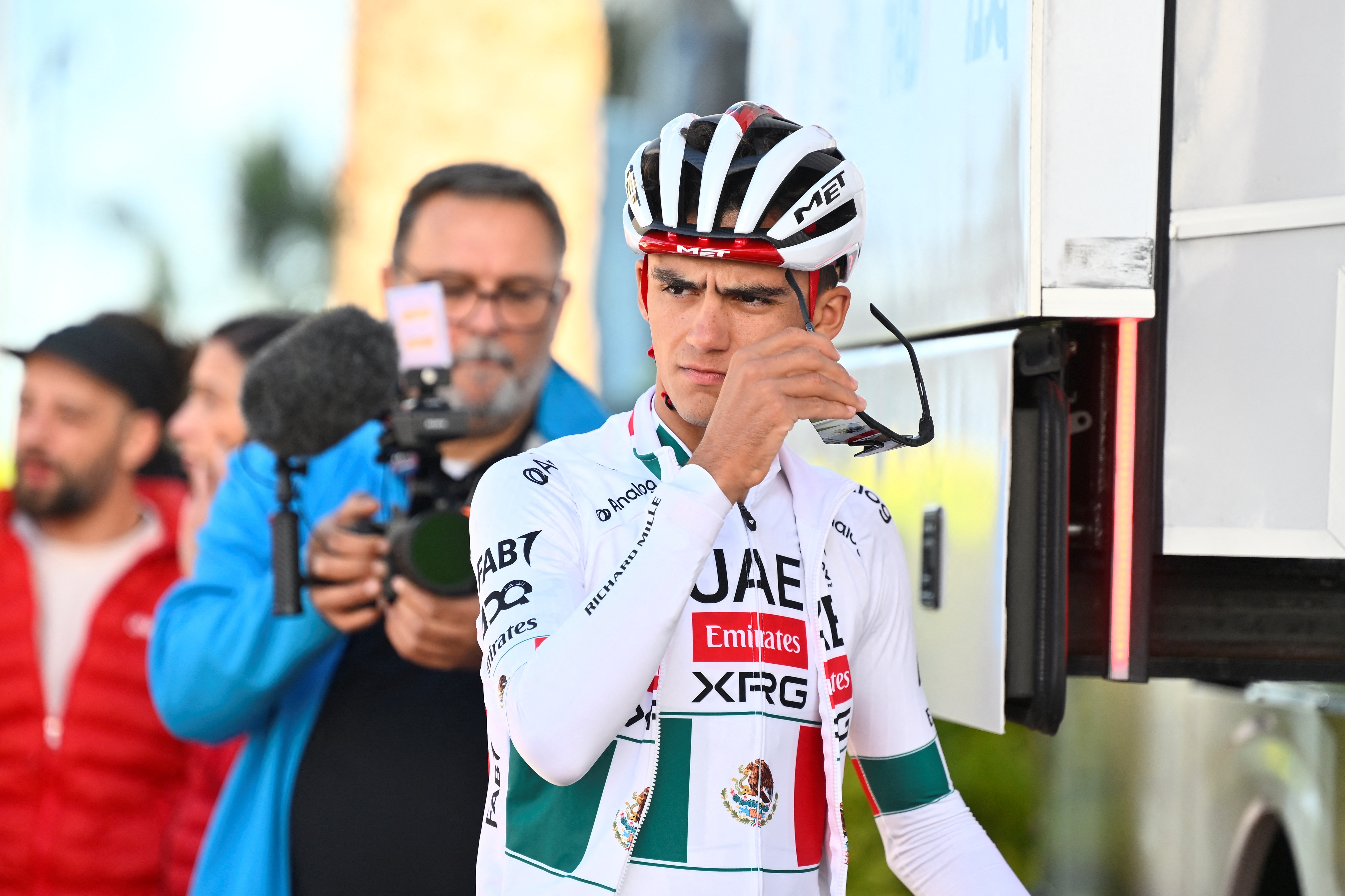 UAE Team Emirate - XRG team's Mexican rider Isaac del Toro prepares prior a training session in Benidorm, eastern Spain, on December 13, 2025. (Photo by Jose JORDAN / AFP via Getty Images)