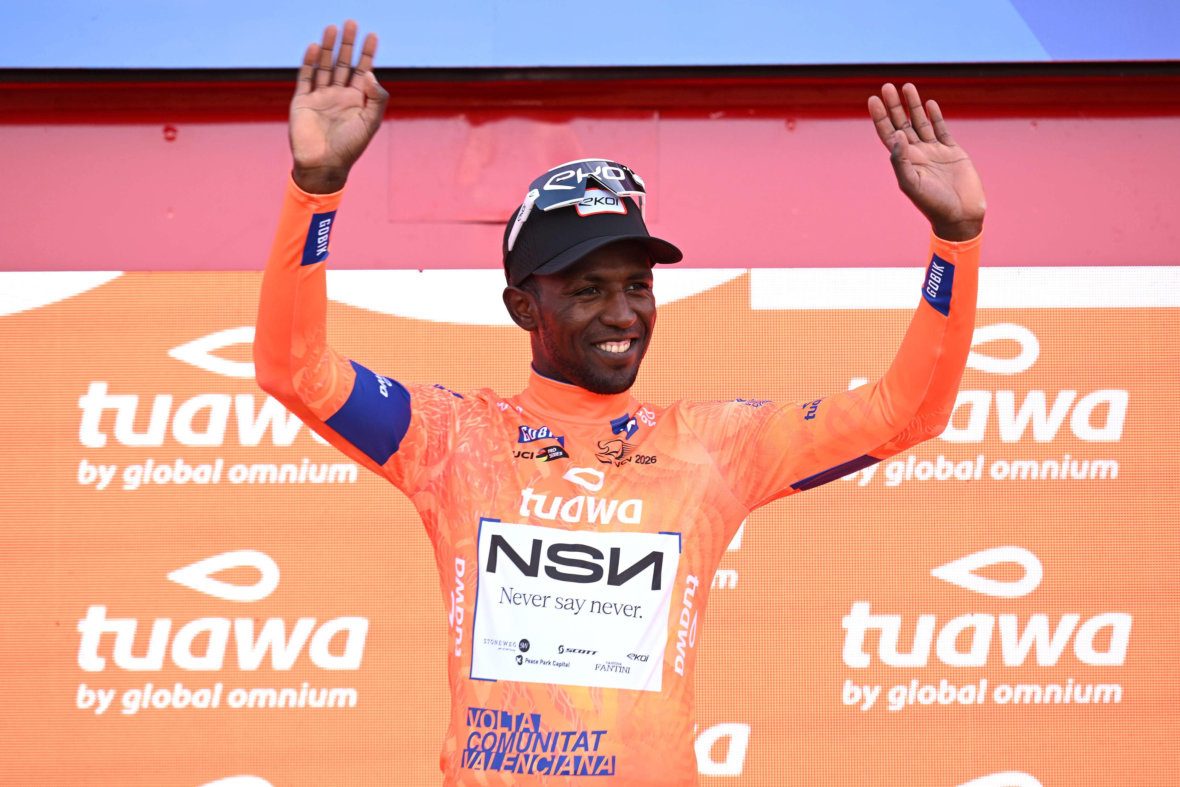 TORREBLANCA, SPAIN - FEBRUARY 04: Biniam Girmay of Eritrea and NSN Cycling Team celebrates at podium as Orange Points Jersey winner during the 77th Volta Comunitat Valenciana 2026, Stage 1 a 160km stage from Segorbe to Torreblanca on February 04, 2026 in Torreblanca, Spain. (Photo by Szymon Gruchalski/Getty Images)