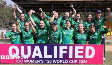 Ireland players celebrate in front of a sign that reads 'qualified: ICC Women's T20 World Cup 2026'