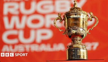 Webb Ellis Cup with Australia 2027 Rugby World Cup branding in the background