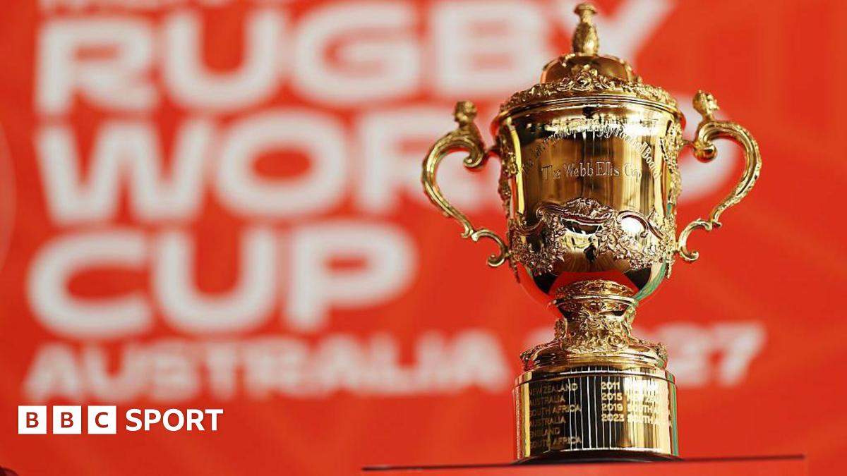 Webb Ellis Cup with Australia 2027 Rugby World Cup branding in the background