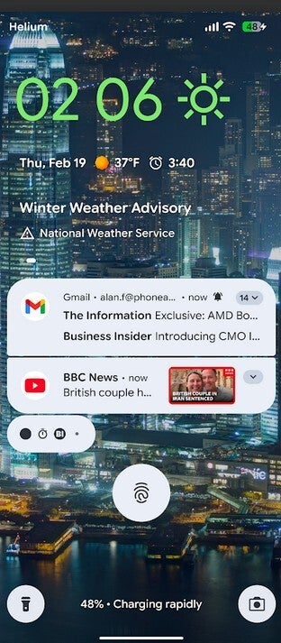 Screenshot shows At a Glance Weather Warning for tomorrow.