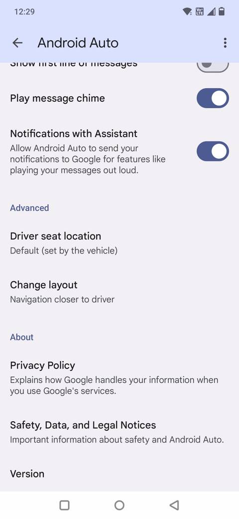 Screenshot showing the Version option in Android Auto settings