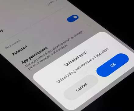 Android phone showing confirmation to uninstall an app