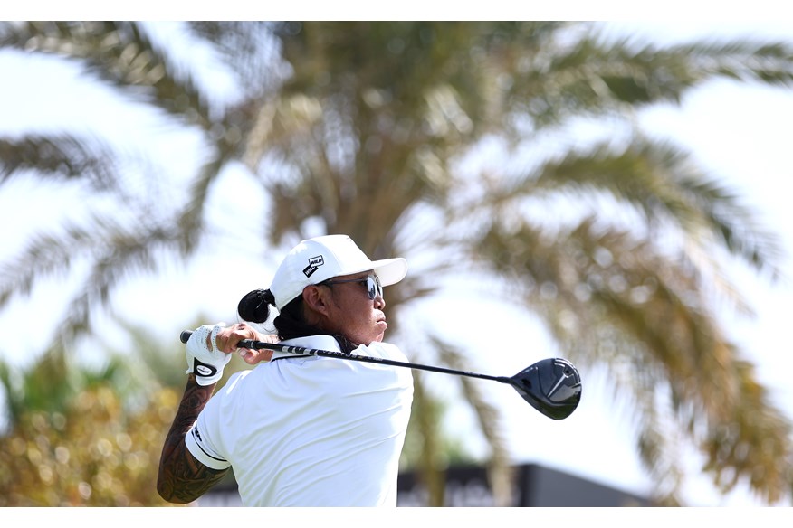 Anthony Kim tees off during round 1 of LIV Golf Jeddah.