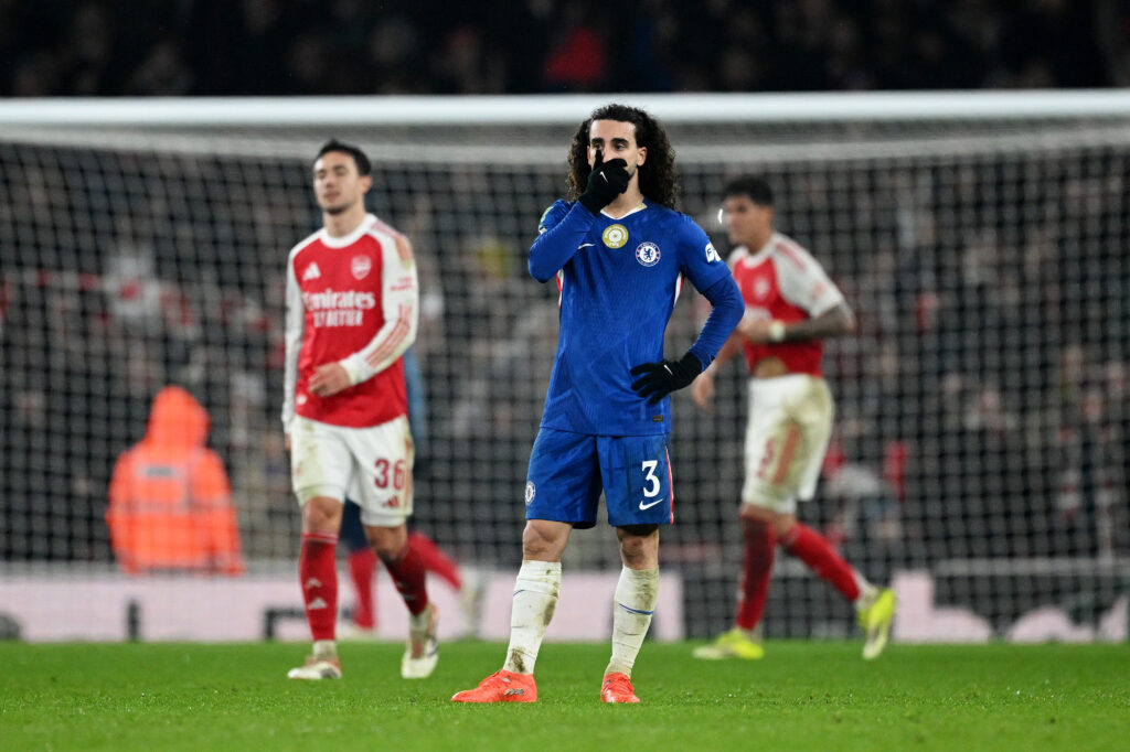 LONDON, ENGLAND - FEBRUARY 03: Marc Cucurella of Chelsea reacts following the defeat in the Carabao Cup Semi Final Second Leg match between Arsenal and Chelsea at Emirates Stadium on February 03, 2026 in London, England. (Photo by Clive Mason/Getty Images)
