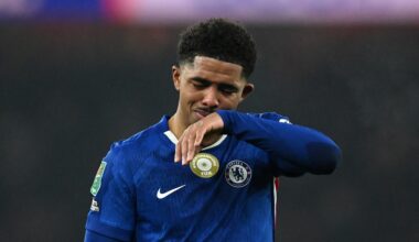 Wesley Fofana of Chelsea looks dejected after the Carabao Cup Semi Final Second Leg match between Arsenal and Chelsea at Emirates Stadium on Februa...