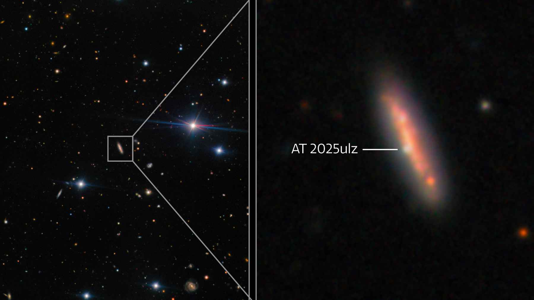 Deep space image showing the galaxy that hosts AT2025ulz, with a zoomed-in view highlighting the transient event