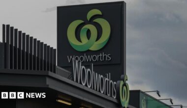 Woolworths signage outside one of its supermarkets in Melbourne, Australia.