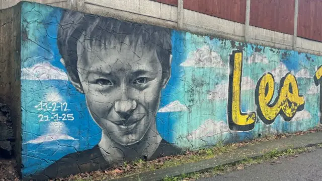 A wall painted blue with the image of a boy with short hair at one end and the word Leo at the other