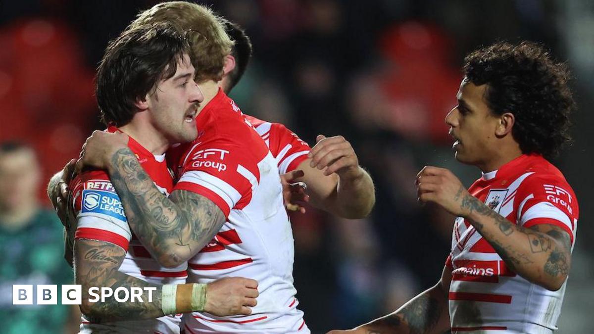 St Helens forward Joe Shorrocks is congratulated on his try against Leigh Leopards by team-mates.