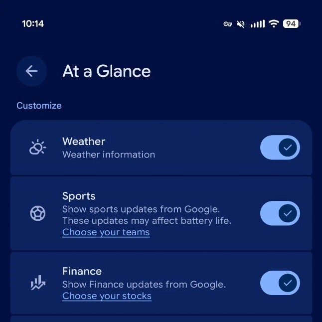 New settings for At a Glance show a Sports and a Finance category.