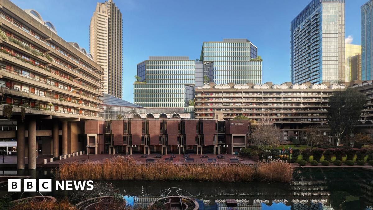 The general area of the brutalist Barbican with an image of the proposed tower blocks in the background superimposed on to the scene