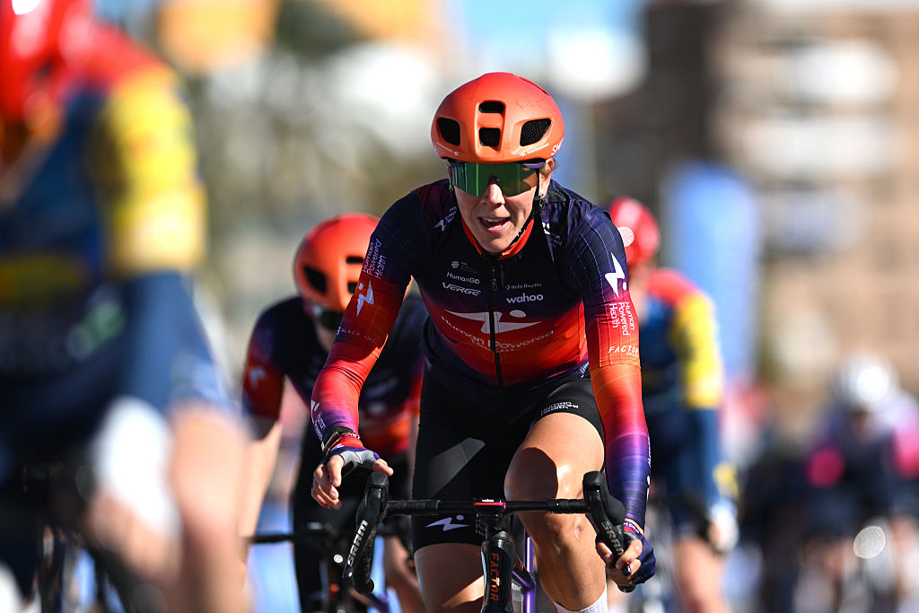 VALENCIA, SPAIN - FEBRUARY 08: Thalita de Jong of Netherlands and Team Human Powered Health crosses the finish line during the 8th VCV Feminas Gran Premio Tuawa 2026 a 94.7km one day race from Betera to Valencia on February 08, 2026 in Valencia, Spain. (Photo by Szymon Gruchalski/Getty Images)
