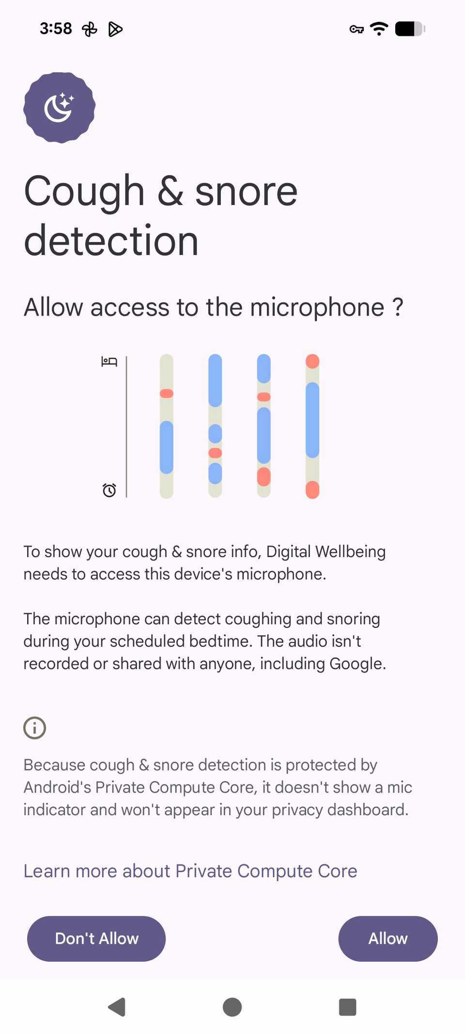 Allow microphone access to the Cough & Snore detection feature in Google's bedtime mode