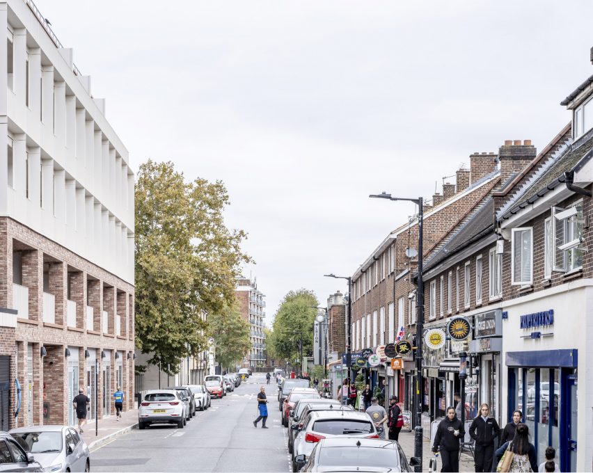 Street view of housing block by Bell Phillips