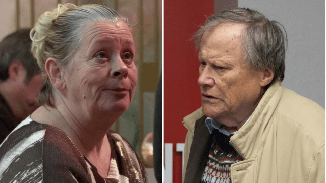 Coronation Street's Bernie Winter-Alahan sitting in the bar at Chariot Square, and Roy Cropper looking concerned.