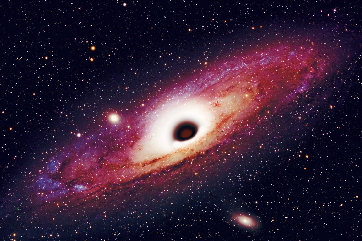 A spiral galaxy with a bright core surrounded by a glowing white halo, featuring a dark central region resembling a black hole. The galaxy's arms display a mix of pink, purple, and blue hues with scattered stars and cosmic dust. The background is filled with numerous small stars and distant celestial objects.