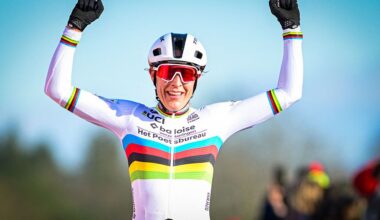 Netherlands' Lucinda Brand celebrates as she crosses the finish line to win the women's elite race of the 'Waaslandcross' cyclo-cross cycling event, stage 7 out of 7 of the Exact Cross competition in Sint-Niklaas on February 14, 2026. (Photo by DAVID PINTENS / Belga / AFP) / Belgium OUT