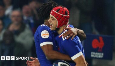 Louis Bielle-Biarrey celebrates his try for France against Italy in the Six Nations