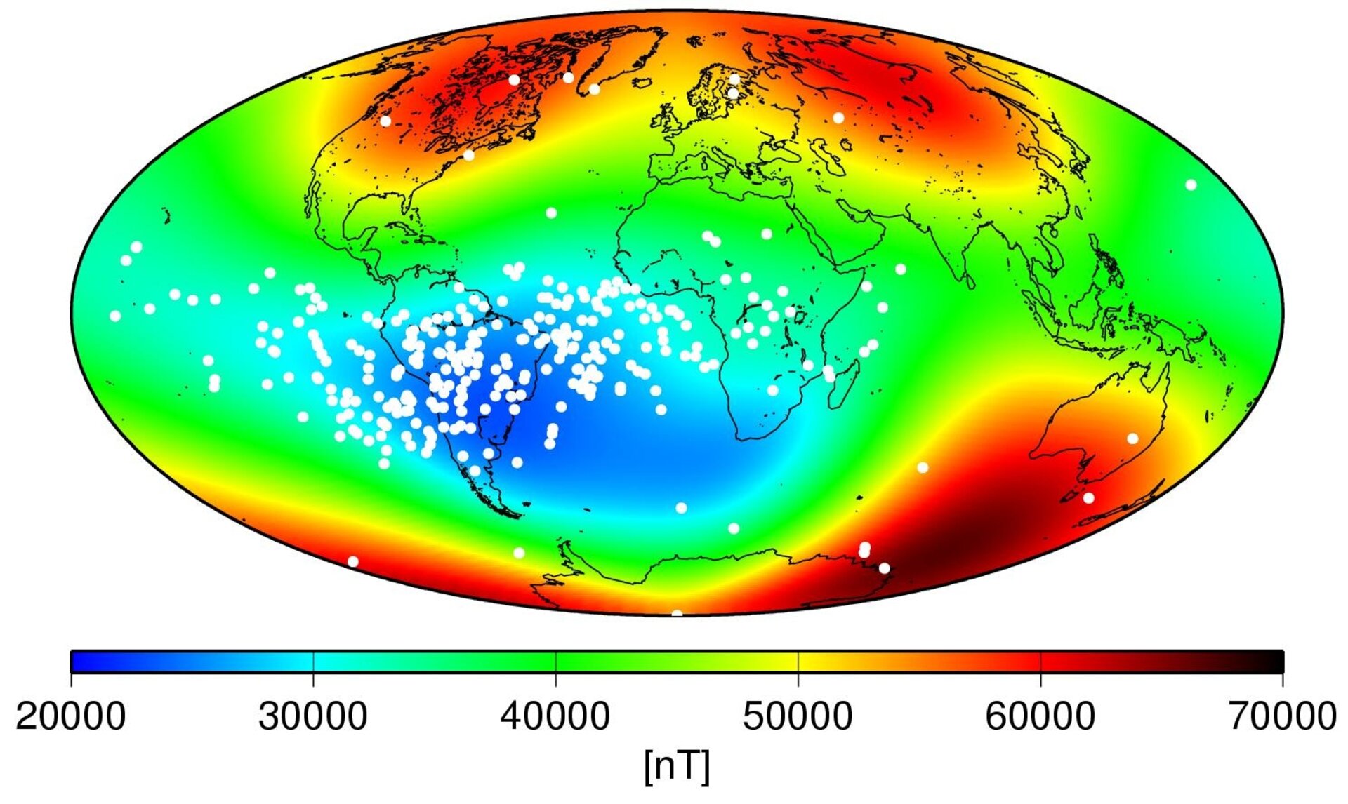 Global map of Earth’s magnetic field strength, shown in color from blue (weakest) to red (strongest), highlighting the South Atlantic Anomaly as a large blue region over South America and the South Atlantic Ocean. White dots mark locations where the TOPEX/Poseidon satellite experienced radiation-related electronic disruptions while orbiting Earth.