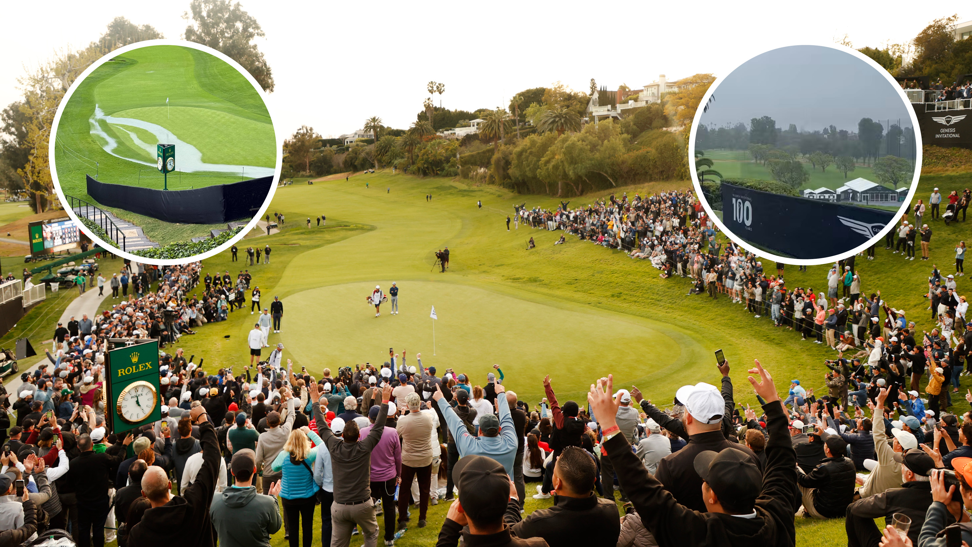Main image of Riviera Country Club's 18th hole in 2023 and two inset images of the rain at Riviera in 2026