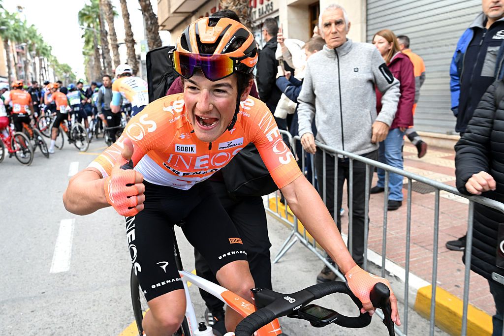 SAN VICENTE DEL RASPEIG, SPAIN - FEBRUARY 06: Stage winner Andrew August of United States and Team INEOS Grenadiers reacts after the 77th Volta Comunitat Valenciana 2026, Stage 3 a 158km stage from Orihuela to San Vicente del Raspeig 115m on February 06, 2026 in San Vicente del Raspeig, Spain. (Photo by Szymon Gruchalski/Getty Images)